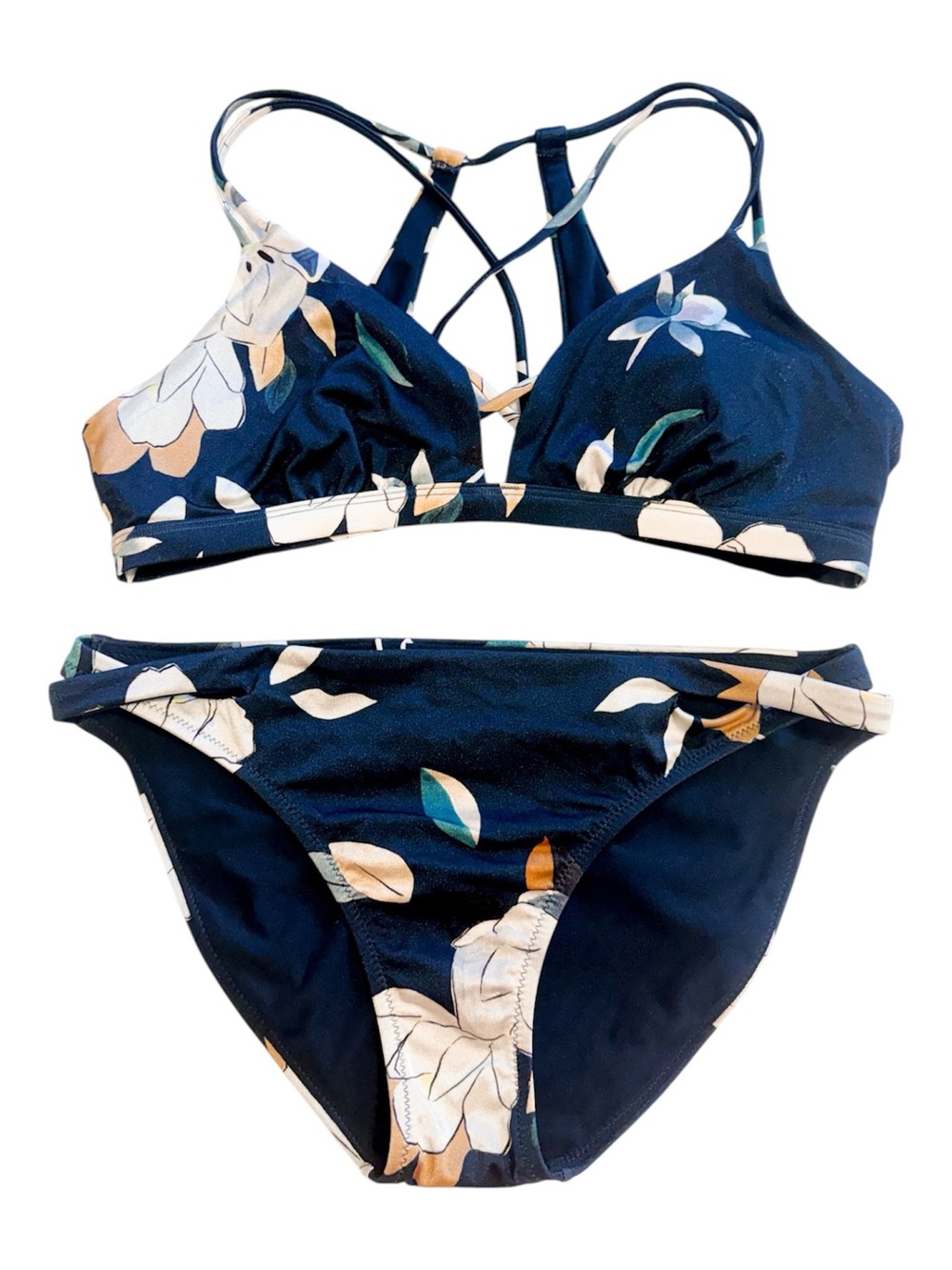 Athleta Aqualuxe Floradora Navy Blue Floral Print Bikini Swim Set Medium